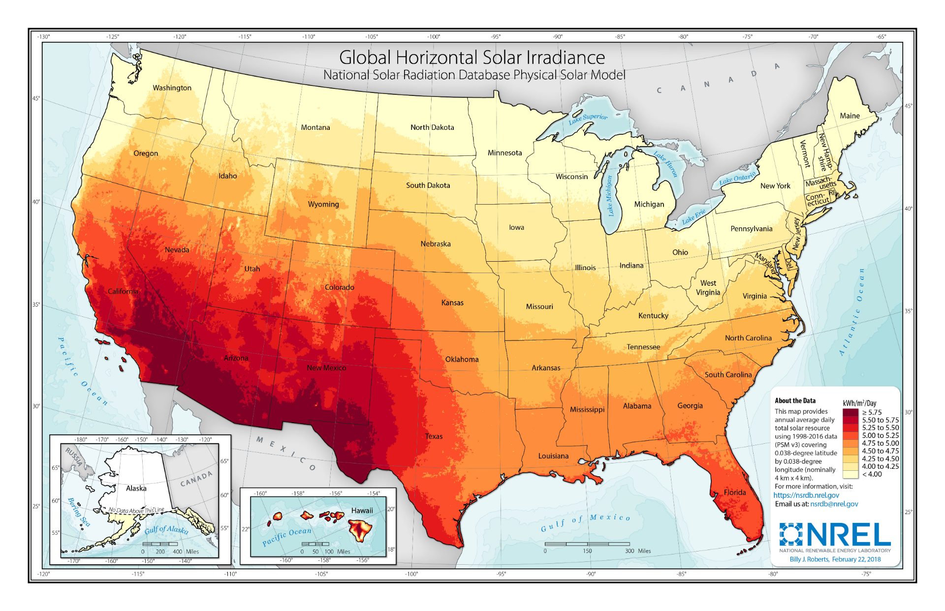 The national renewable energy laboratory's map of solar irradiance in the u. S.