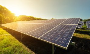 the sun rises on a photovoltaic solar panel